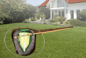 3D-rendered-image-showing-a-wpl-diamond-small-package-wastewater-sewage-treatment-tank-installed-below-ground-and-backfilled-with-pea-shingle-in-a-garden-installation-example