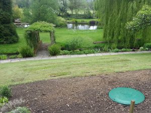 Unlike a septic tank the imageof a discreet newly installed WPL Diamond package wastewater (sewage) treatment tank within a beautiful garden with pond does comply to the new 2020 binding rules for England