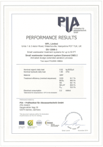 WPL Diamond - Image of PIA certificate of the WPL Diamond package sewage treatment plant performance results